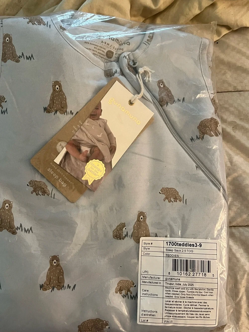 BNWT GUNAMUNA Sleep sack baby boy, Teddy bears, sleeveless, 3-9 mos, Retail: $75